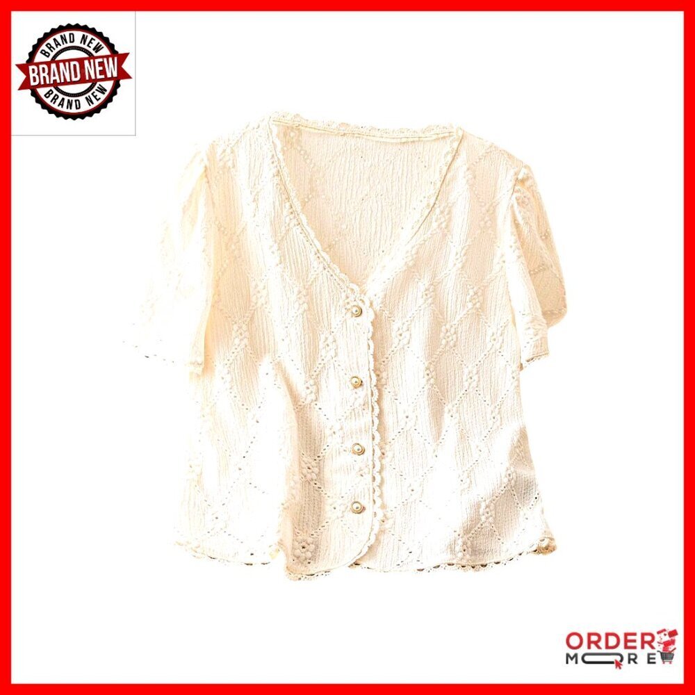 Floral Embroidered Button Down Blouse Puff Sleeve V Neck Vacation Shirt